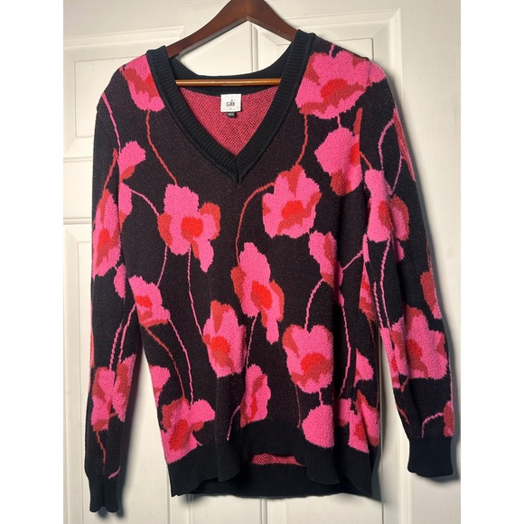 Cabi 4102 Rococo V-Neck Black Pink Floral Pullover Sweater Small Boho Career - Picture 1 of 3